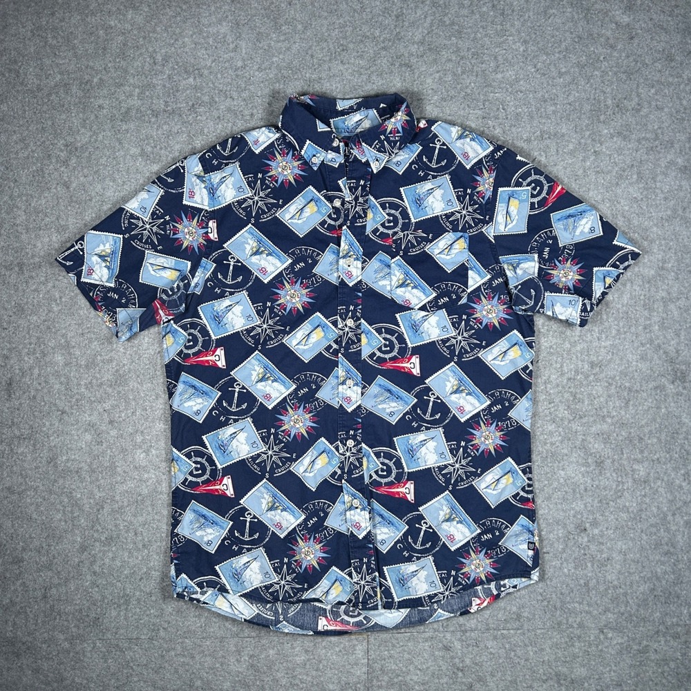 Chaps Shirt Mens Medium Blue Nautical Stamp Short Sleeve Button Down Casual